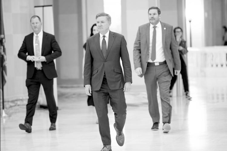 Attorney General Gentner Drummond appeared at the Oklahoma Supreme Court for oral arguments regarding his motion to intervene in a homeowner’s case against State Farm. (Brent Fuchs/Oklahoma Watch)
