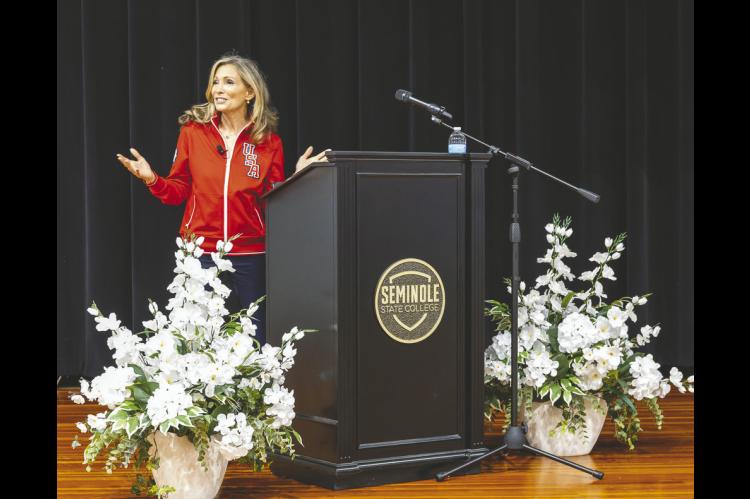 Seven-time Olympic medalist, cancer survivor and health advocate Shannon Miller speaks to students, employees and community members at Seminole State College’s Jeff Johnston Fine Arts Auditorium. The Sept. 10 presentation, sponsored by SSC’s Native American-Serving Nontribal Institutions program, focused on wellbeing, resilience and overcoming adversity. —SSC photo