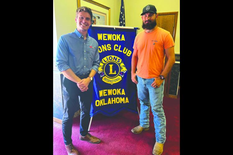 Jesse Grandstaff (left), Wewoka Little League Baseball Commissioner, was the guest speaker at the Wewoka Lions Club’s meeting this past week. Pictured at right is Hunter Edwards, Lions Club Tail Twister. —Courtesy photo