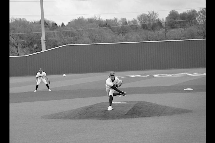 Seminole State Trojan pitcher Declan Dahl throws the “heater” Thursday afternoon against Rose State. Staff Photo by Bill Anderson