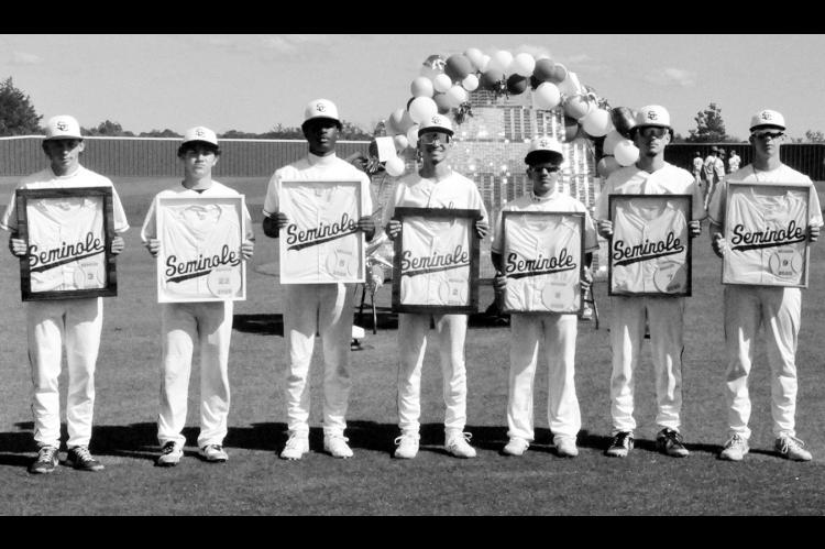 The Seminole High School baseball team recognized its senior members before the team’s game against Prague Friday evening. Seniors honored were (l-r) L to R: Landon Bowling, Braeden Kolander, Dontre Garfield, Leo Zapata, Luis Vega, Reece Smith and Lupe 