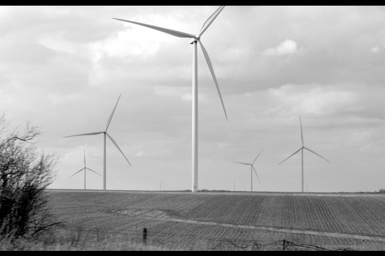 Wind turbines along west-bound Interstate 80 on March 29, 2025. (Photo by Cami Koons/Iowa Capital Dispatch)