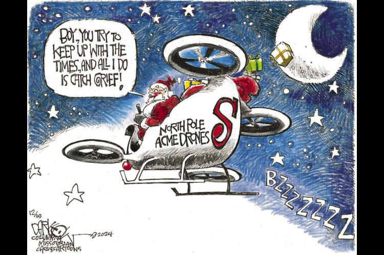 Left, Cagle Cartoons offers a humorous take on Santa and the recent drone sightings.