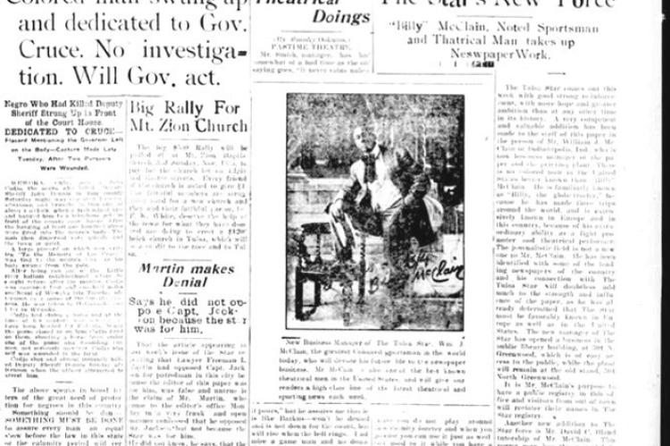 A photo of the front page of the Tulsa Star with the headline “Another Lynching in Oklahoma,” in reference to John Cudjo, who was lynched outside the Wewoka courthouse in 1913.