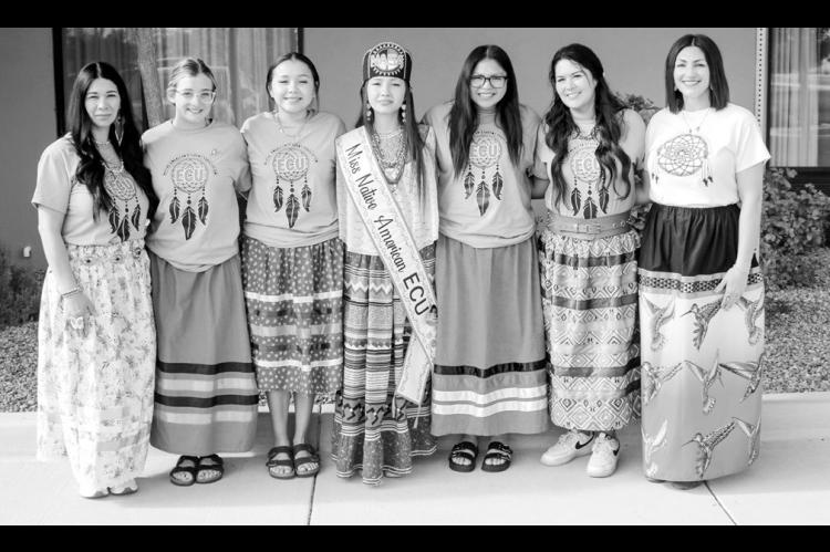 Pictured: Olivia Terry, Adelyn Hernandez, Mena Cedartree, Miss Native American ECU Gabrielle Nucosee, Taloa Lewis, Kala Furr and Dr. Destany Schafer-Morgan. (Photo provided)