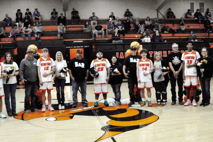 Strother High School honored senior student-athletes at Thursday’s basketball game with the Bowlegs Bisons. Seniors honored were Brier James, Bryce Martin, Braydon Turner, Braiden Teague, Michael Kanard and Levi Gillespie. Family members of the honorees