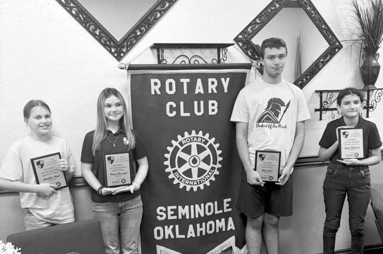 Academy of Seminole students Arabelle Atyia, Olivia Bennight, Gabe Jones and Sofia Bateman (pictured l-r) were recognized at Wednesday’s Seminole Rotary Club meeting as the Academy’s August Students of the Month. (Courtesy photo)