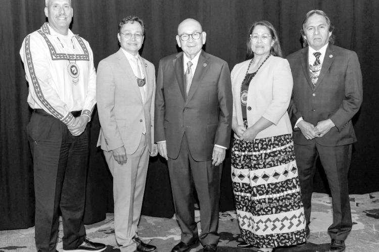 From left, Choctaw Nation Assistant Chief, Jack Austin Jr., Cherokee Nation Principal Chief Chuck Hoskin Jr., Chickasaw Nation Governor Bill Anoatubby, Seminole Nation of Oklahoma Chief Sena Yesslith and Muscogee Nation Principal Chief David Hill. —Phot