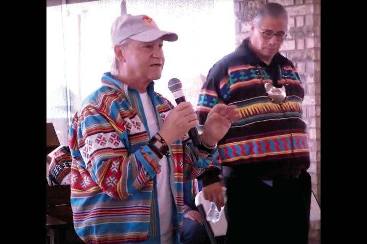 K.C. Schulberg, Chairman of Maple Leaf Resorts Oklahoma (left), announces plans for a $1 billion casino/resort at I-40 and Hwy. 99 at the 2023 Seminole Nation Days celebration. Also pictured is Lewis Johnson, Chief of the Seminole Nation of Oklahoma. Plan
