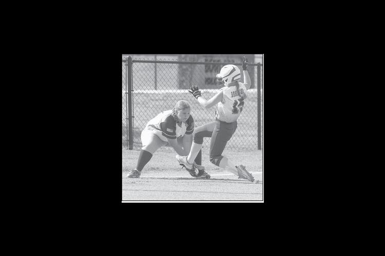 Courtesy Photo by Glen Bryan Bowlegs Lady Bison Ruth Dunagan tags the Olive runner trying to reach third base.