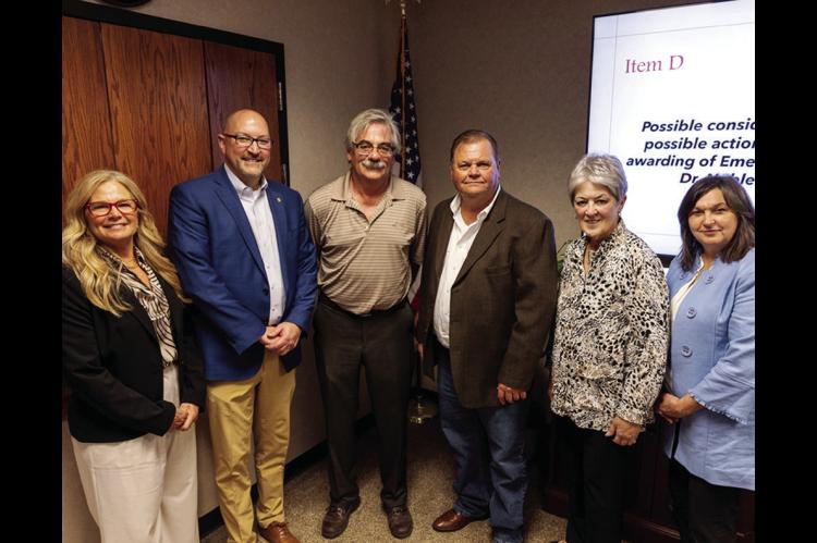 Dr. Noble Jobe poses with members of the Seminole State College Board of Regents following their decision to award him emeritus status at the Board’s March meeting. Pictured (left to right): Robyn Ready, Bryan Cain, Dr. Jobe, Curtis Morgan, Marci Donaho