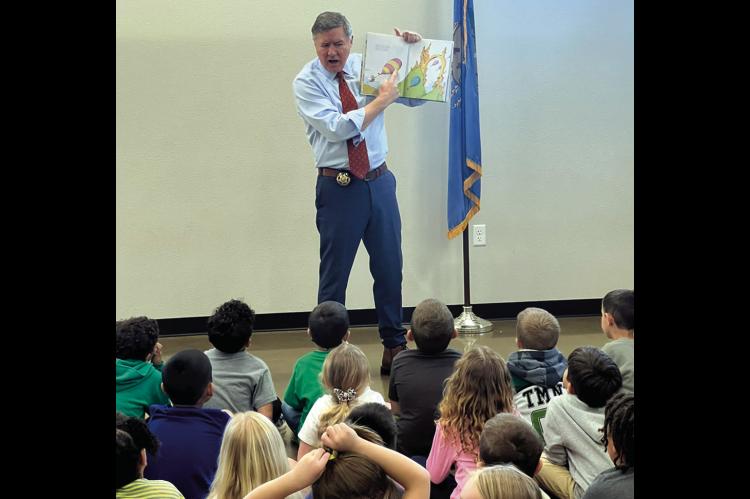 Attorney General Gentner Drummond, who is running for governor, was in Seminole Thursday, Feb. 26. His first stop was at the Betty L. Smith Early Childhood Center, where he read to kindergarteners. He then stopped by the Seminole Producer offices. —Cour