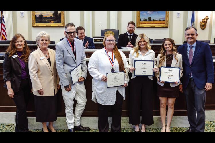 Three local high school students and two Seminole State College students were honored by SSC at the All-Oklahoma Academic Team and OACC Presidents’Tuition Waiver Awards Ceremony at the State Capitol. L-r: OACC Executive Director Dr. Cheryl Evans, SSC Pr