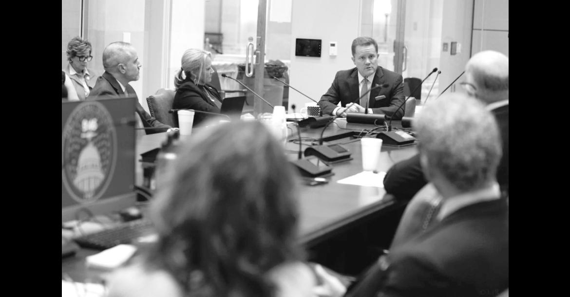 Oklahoma Supreme Court Chief Justice Dustin Rowe speaking to lawmakers about his support for allowing limited access audio and video recording in courtroom proceedings on Oct.7 at the Oklahoma State Capitol. Lionel Ramos/KOSU