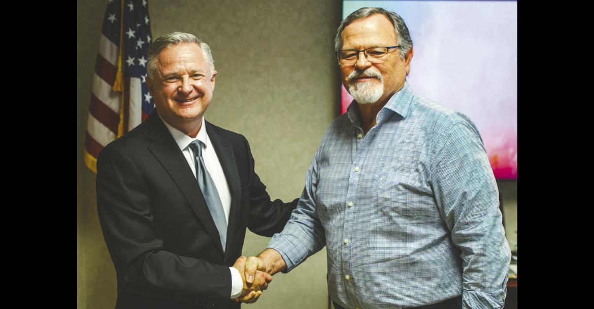 Seminole City Attorney and Oklahoma Army National Guard Brigadier General Brad Carter (left) congratulates new Seminole State College Regent David Hooten (right) following the administration of the oath of office during the SSC Board of Regents meeting on Aug. 20. Hooten’s seven-year term began July 1, 2026, and concludes July 1, 2033. (SSC photo)
