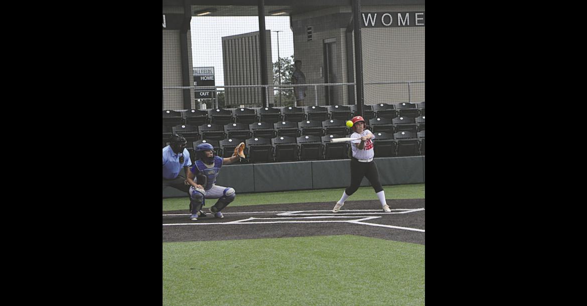 Sasakwa / Maud player Gabby Taylor gets a base hit Thursday afternoon. Staff Photo by Bill Anderson