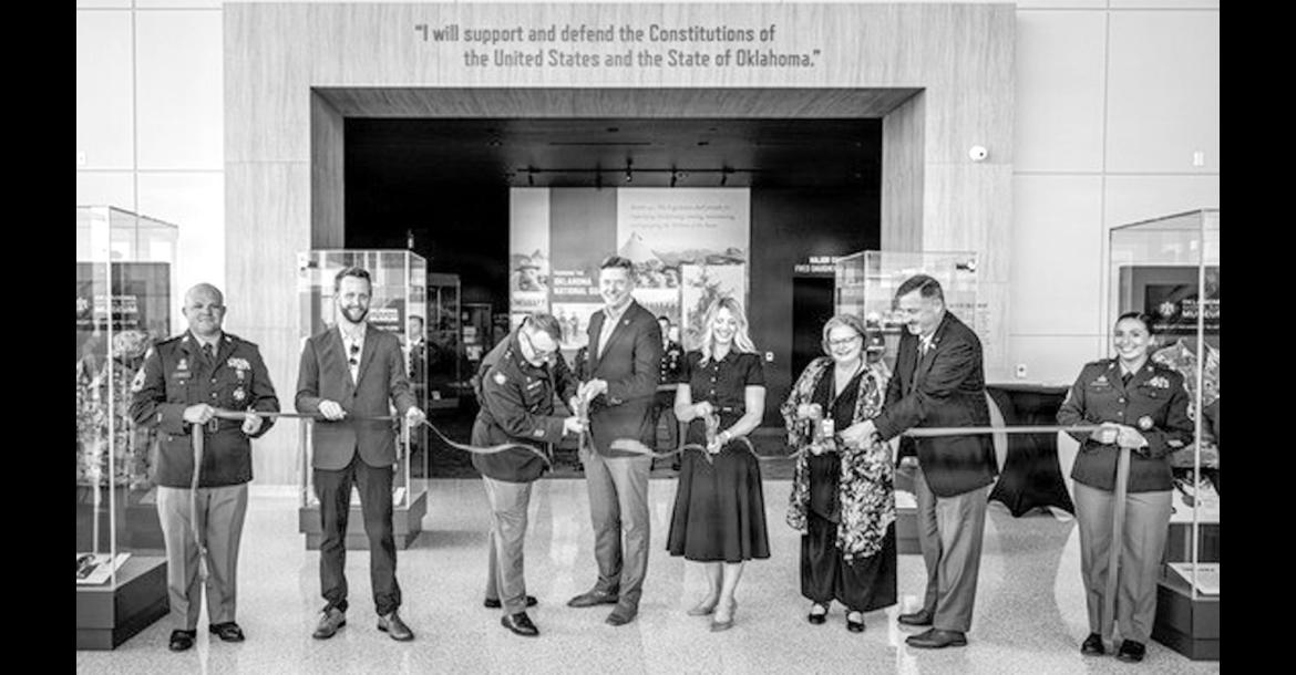 (Left to right): Jay Fox, Hensel Phelps Construction; Maj. Gen. Thomas H. Mancino, adjutant general for Oklahoma, Mayor David Holt, mayor of Oklahoma City, Mrs. Cindy Lankford, representing Senator James Lankford; Dr. Denise Neil, Oklahoma National Guard Museum executive director, join in the ribbon cutting for the Oklahoma National Guard Museum in Oklahoma City, June 11, 2026. (Oklahoma National Guard photo by Anthony Jones)