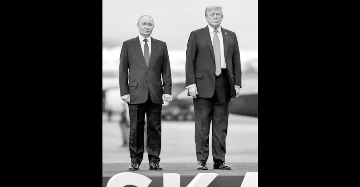 Left, United States President Donald Trump meets with Russian President Vladimir Putin at Joint Base Elmendorf-Richardson in Anchorage, Alaska, in August 2025. (Photo courtesy the White House)