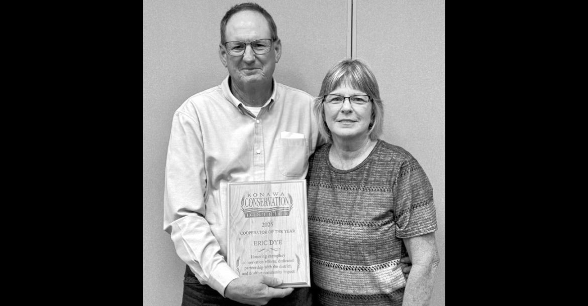 Pictured above is Eric Dye and his wife, Sandy. Eric was named the Konawa Conservation District’s 2026 Cooperator of the Year at the recent Farmer/Rancher Appreciation Dinner at the Pottawatomie County Free Fair. (Courtesy photo)