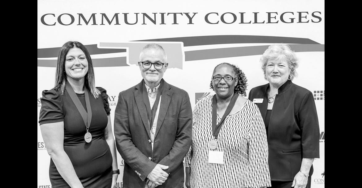 Seminole State College employees were recognized at the 59th annual Oklahoma Association of Community Colleges Conference on Oct. 2 at Tulsa Community College. Pictured following the awards presentation, from left, are Professional Staff Member of the Year Erin Medley, Faculty Member of the Year Dr. Steve Bolin, Support Staff Member of the Year Carmen Wright and SSC President Lana Reynolds. (Photo provided)
