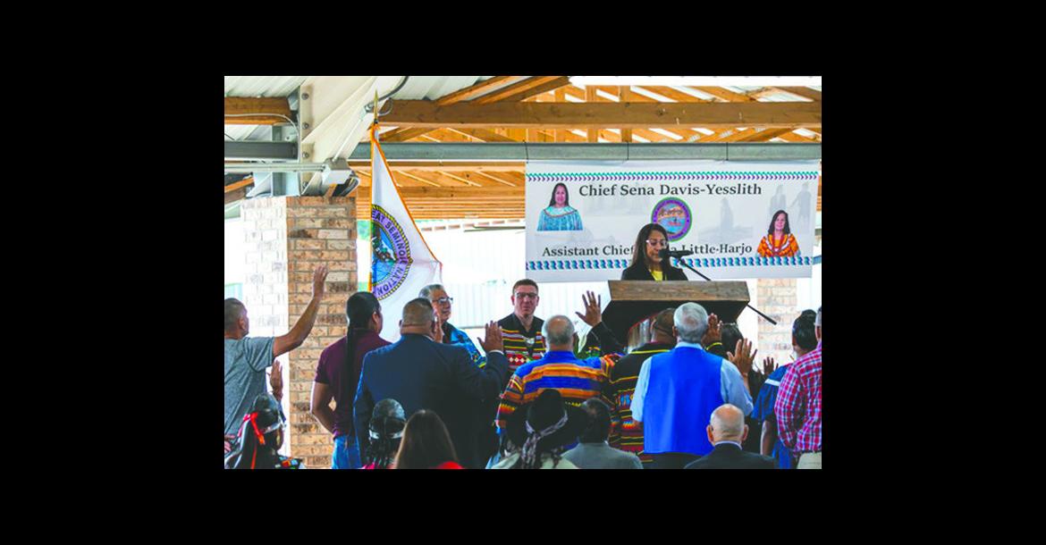 Seminole Nation’s newly elected principal chief, Sena Davis-Yesslith, swears in the new tribe’s new council on September 6, 2025, at the Mekusukey Mission Arena. (Photo by Sarah Liese, KOSU Radio)
