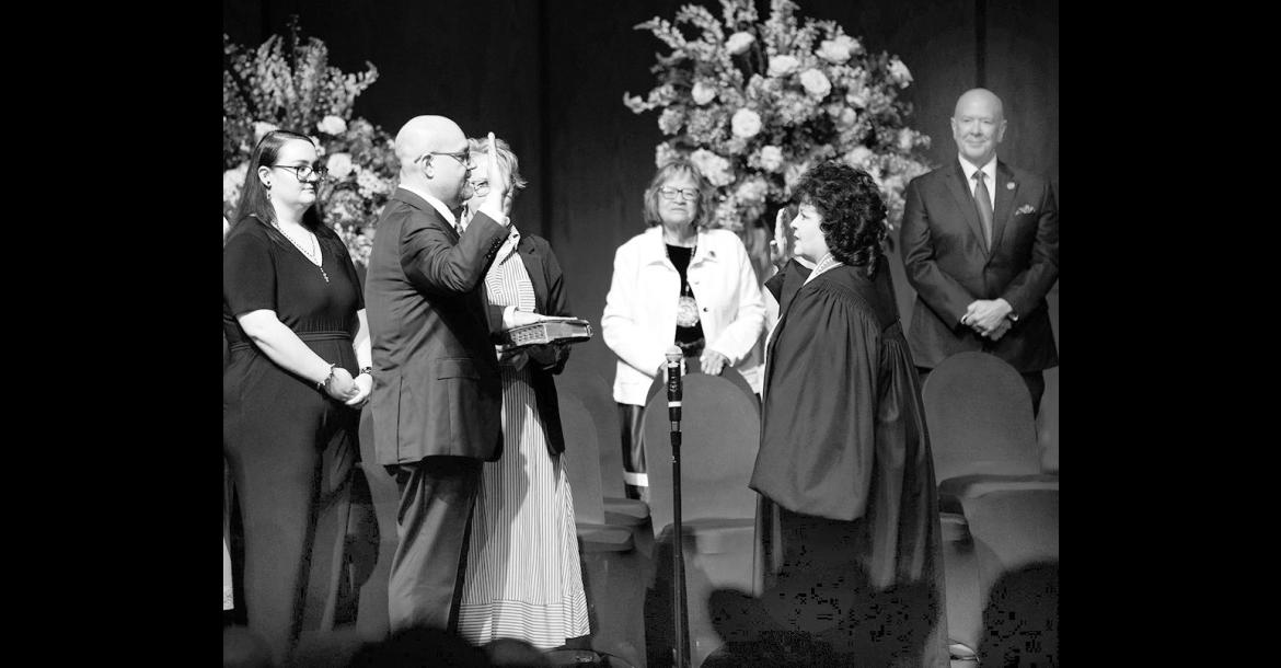 Chickasaw Nation Governor Chris Anoatubby takes his oath of office, administered by Chickasaw Nation Supreme Court Chief Justice Cheri Bellefeuille-Gordon, June 26, 2026. (Photo provided)