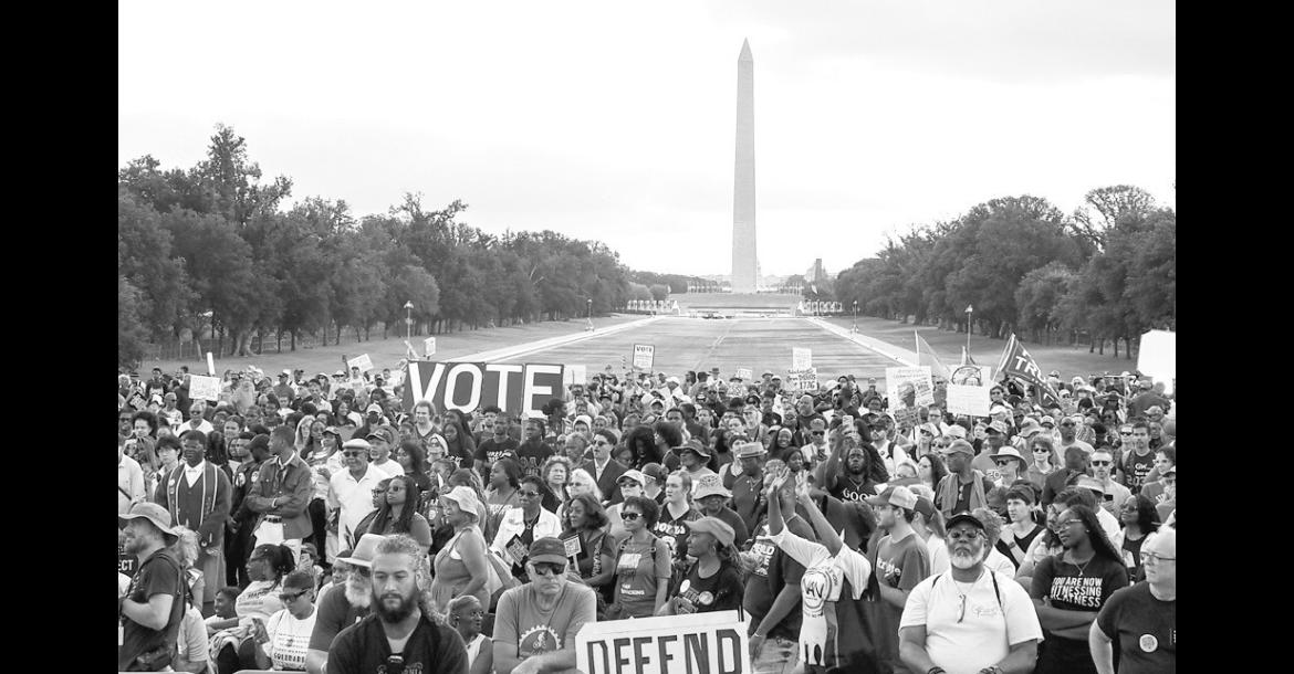 Demonstrators gathered at the Lincoln Memorial Reflecting Pool in Washington, D.C., on Friday, Aug. 28, 2026, marking the 63rd anniversary of the March on Washington for Jobs and Freedom where the late civil rights leader Rev. Martin Luther King Jr. delivered his “I Have a Dream” speech. (Photo by Ashley Murray/ States Newsroom)