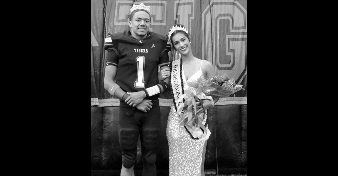 Nadim Bruner (left) and Emma Slovacek were crowned Wewoka High School’s Homecoming King and Queen just before Friday night’s game against Wayne. The Wewoka Tigers dominated the Wayne Bulldogs 46-20. —Staff Photo by Bill Anderson