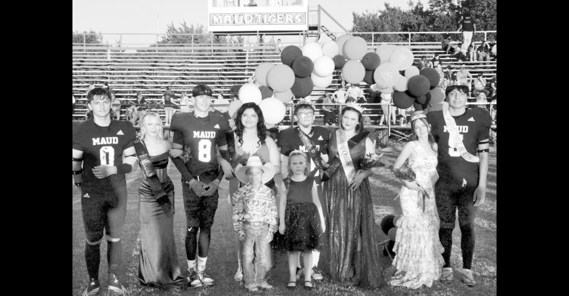 Maud High School celebrated its 2026 Homecoming Friday night. Pictured l-r is this year’s court: Nathaniel Amburn, Payton Collins, Jessy Hames, Aloyna Siqueros, Gabe Siqueros (King), Kaelynn Hoffman (Queen), Chloe Peters and Julious Brown. Standing in front are Brennon Hurley, crown bearer, and Charlee Killian, flower girl. Maud capped the night off with a 36-30 victory over Bowlegs to win the “59 Bowl.” (Photo by Bill Anderson)