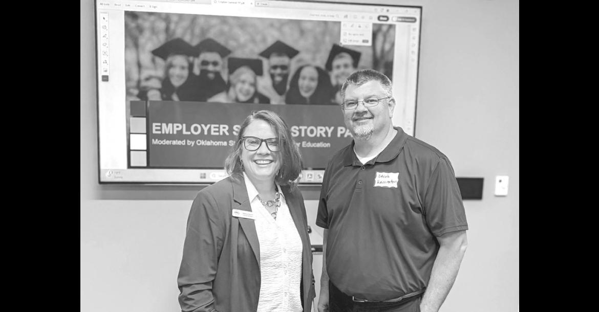 Seminole State College Dean of Instruction Jessica Isaacs and Business and Industry Coordinator Jacob Harrington attended the Oklahoma State Regents for Higher Education and UpSkillOK Employer Microcredential Summit on Oct. 21 in Oklahoma City. The event brought together higher education representatives, employers and workforce leaders to explore how industry-aligned microcredentials can address skills gaps, strengthen talent pipelines and support workforce development across Oklahoma. (Photo provided)