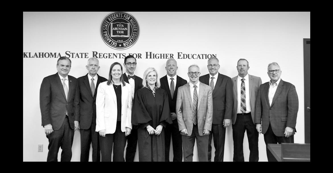 L-r: Chancellor Sean Burrage; State Regent Justice Steven W. Taylor; State Regents’ Chair Courtney Warmington; State Regent Trevor Pemberton; Oklahoma Supreme Court Vice-Chief Justice Dana Kuehn; State Regent Brian Beller; State Regent Ken Levit; State Regent Jack Sherry; State Regent Dennis Casey; and State Regent Mitch Adwon.