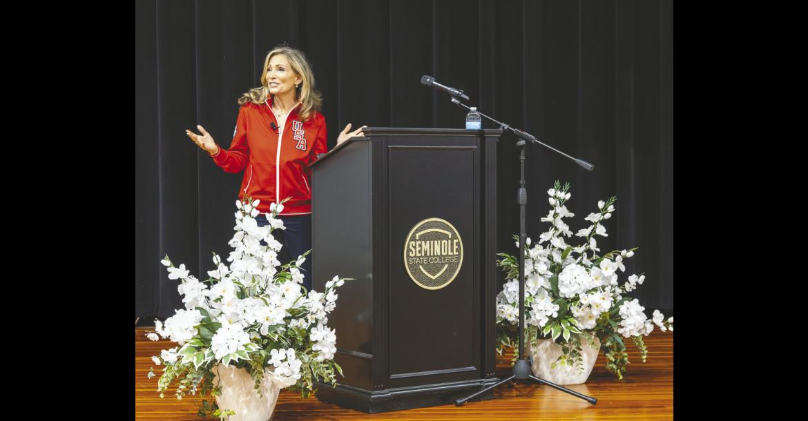 Seven-time Olympic medalist, cancer survivor and health advocate Shannon Miller speaks to students, employees and community members at Seminole State College’s Jeff Johnston Fine Arts Auditorium. The Sept. 10 presentation, sponsored by SSC’s Native American-Serving Nontribal Institutions program, focused on wellbeing, resilience and overcoming adversity. —SSC photo
