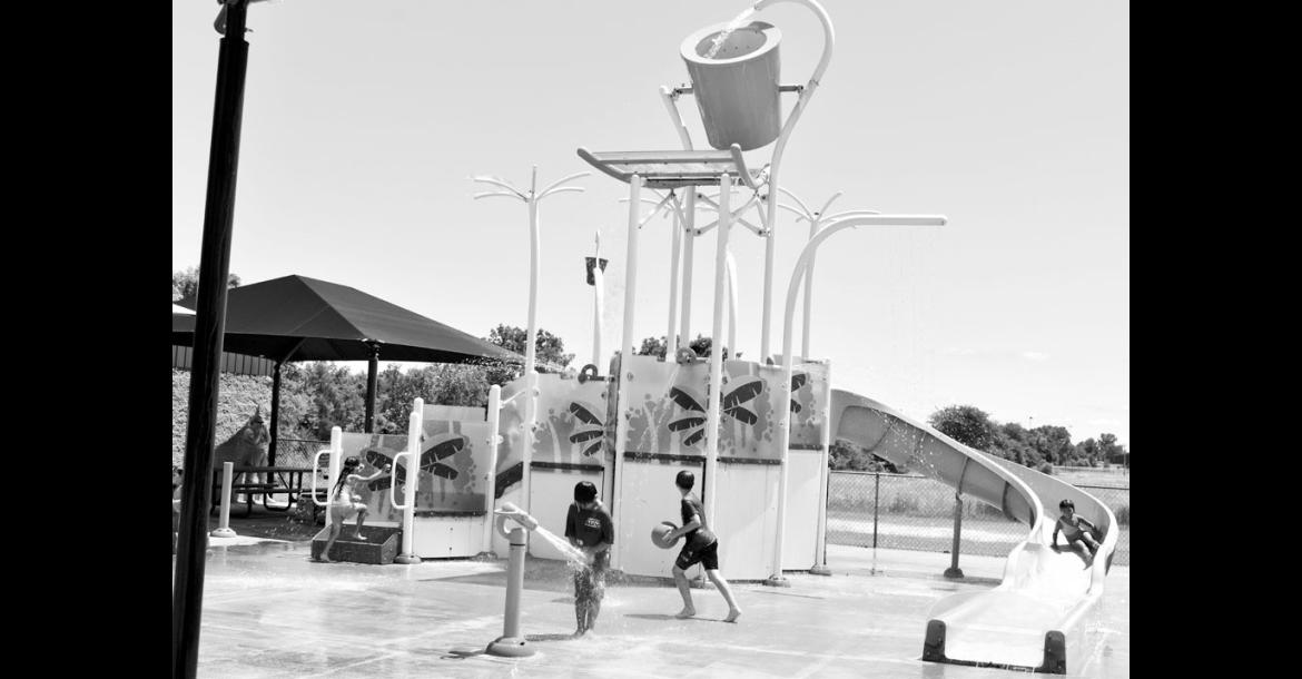 A group of kids found relief from the heat Monday at the Seminole Splash Pad, located in the municipal park. The splash pad, designed for children 11 and under, is open everyday from 8 a.m. – 8 p.m., weather permitting. —Staff Photo by Andy Wilson