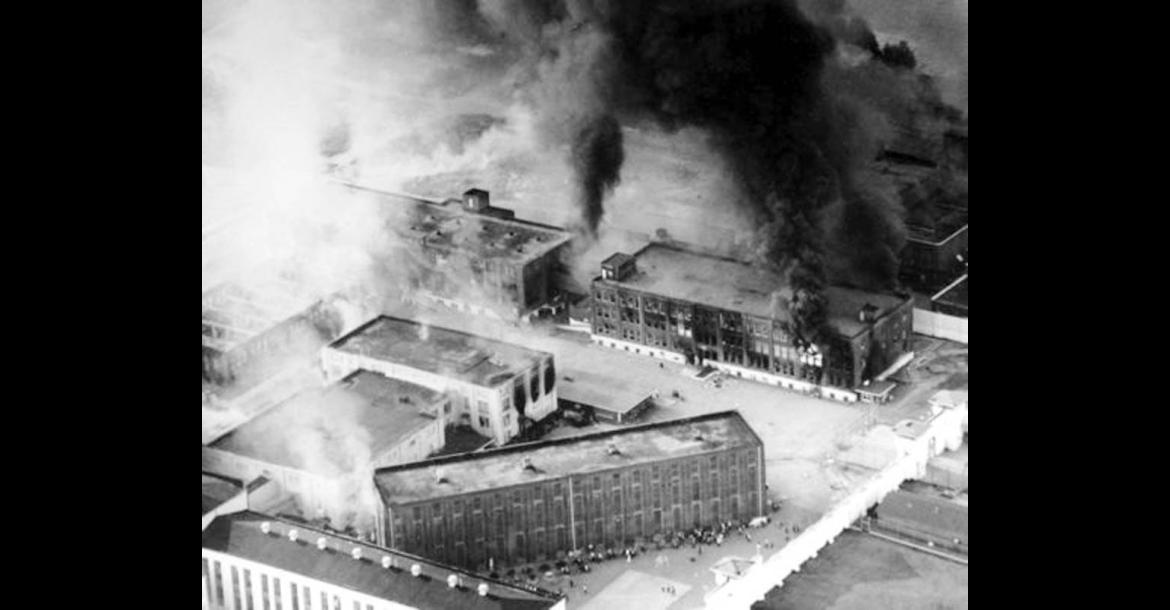 Smoke billows from the grounds of the Oklahoma State Penitentiary in McAlester. A riot, blamed on overcrowding, broke out on July 27, 1973, which was deemed one of the worst in US history. When rioting ended three days later, three inmates had been killed by other inmates, more than 20 correctional officers and inmates were injured and a dozen buildings had burned to the ground. (Archive photo)