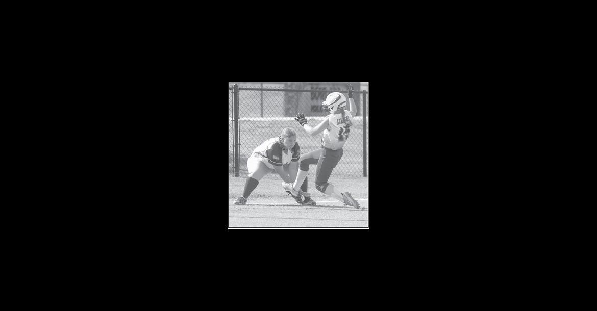 Courtesy Photo by Glen Bryan Bowlegs Lady Bison Ruth Dunagan tags the Olive runner trying to reach third base.