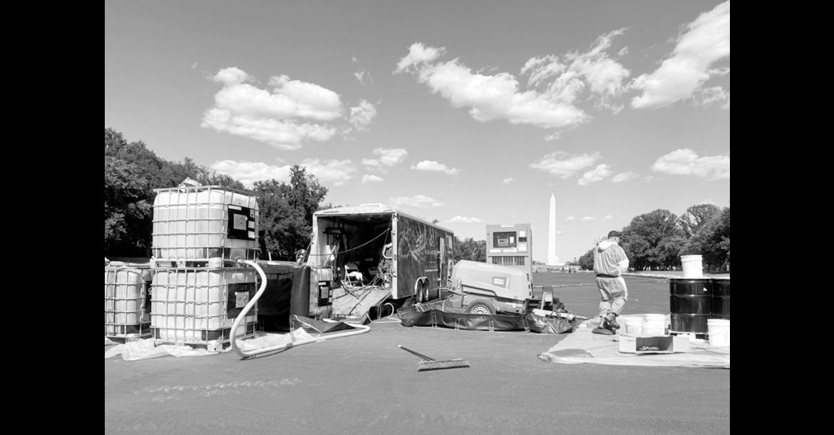 Exodus Mobile Cleaning is one of two companies based in Atoka, Oklahoma, involved in repairs and restoration work on the iconic Lincoln Memorial Reflecting Pool. Pictured is Construction gear that had been used in an earlier stage of the project. (Gaylord News Photo/Cate Slibotsky)