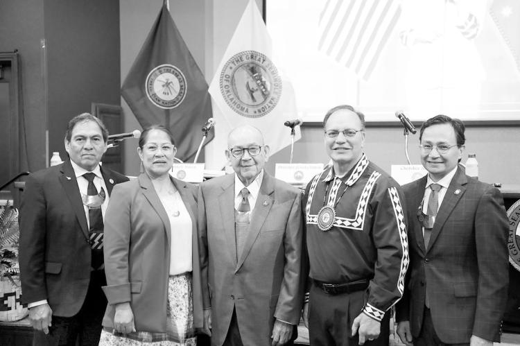 During this month’s quarterly session held at the Hard Rock Hotel &amp; Casino Tulsa, Leaders of the Inter-Tribal Council of the Five Tribes met to discuss important issues impacting tribes. From left: Muscogee Nation Principal Chief David Hill, Seminol