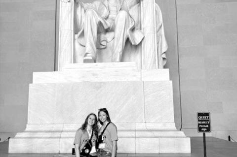Left, Lydia Gee of Konawa Schools and Savana Sims of Prague Schools, last year’s winners of CVEC’s Youth Tour Leadership Experience, stand in front of the Lincoln Memorial in Washington, DC. (Photo provided)