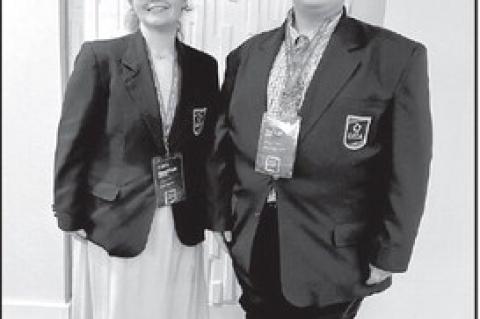 Peighton Harak, left, and Tucker West were elected to the 2025-26 Collegiate DECA Executive Council as vice presidents. Harak, who works as a part-time clerk in Oklahoma CareerTech’s health science education division, attends Oklahoma State University, 