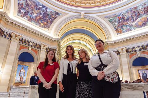 Seminole State College students Hannah Upchurch of Seminole, Felicity Hamilton of McLoud, Elizabeth Jackson of Chandler and Sylvia Thomas of Davenport pose for a photo in the atrium of the State Capitol March 31. (Photo provided by SSC)