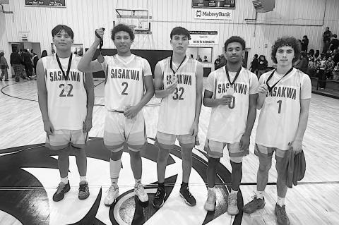 Pictured to the right is the Sasakwa Viking All-TournamentTeamthatwas selected at the Graham-Dustin Tournament. L-R: Nate Reed, Sherman Mitchell, Josh Jones, Darius Henderson and Micah Wheeler. Courtesy Photo