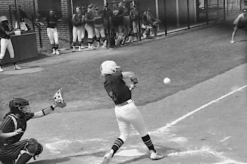 Seminole State Lady Trojan Camryn Westbrook drives one to the outfield. Staff Photo by Bill Anderson