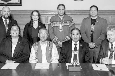 L-R Back Row: MCN Press Secretary Jason Salsman, MCN Assistant NAGPRA Coordinator Abigail Dairaghi, MCN Ambassador Jonodev Chaudhuri, MCN Deputy Secretary of Culture &amp; Humanities Anthony Beaver. L-R Front Row: MCN Secretary of Culture &amp; Humanities