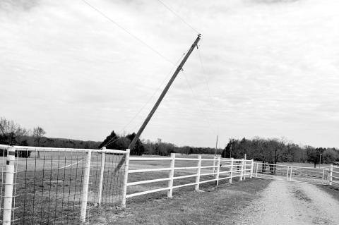 Pictured is a utility pole in the Little area that was blown over by high winds Sunday. Wind gust speeds ranged from the high 40s to the 60s across the state. According to the Oklahoma Mesonet site, Seminole County recorded a gust of 48 miles per hour. (P