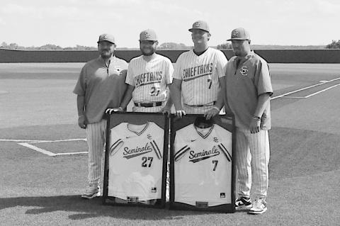 Seminole Chieftains honored two seniors before their ball game Thursday. Pictured is Alec Welch and Maverick Northrip. Staff Photo by Bill Anderson