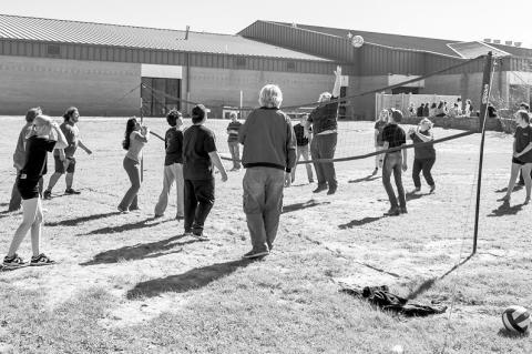 Right, High school students play volleyball in Cook Commons on the Seminole State College campus between competitions during the 52 Annual Interscholastic Meet held March 26. The meet attracted over 500 students from 33 high schools across Oklahoma. —SS