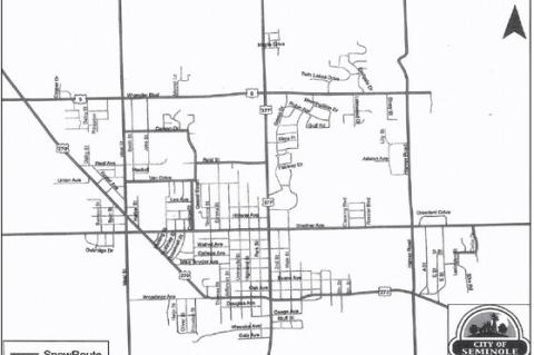 Snow Route —Courtesy City of Seminole Pictured above is the City of Seminole’s snow route map. The city plows only main thoroughfares, which does not include residential areas and side streets. The city cannot go on private property or residential roa