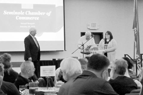 The Seminole Chamber of Commerce recognized multiple individuals and organizations for their service to the community at the Chamber’s Annual Banquet held Jan. 28 at the Enoch Kelly Haney Center at Seminole State College. Right, The Chairman Awards went