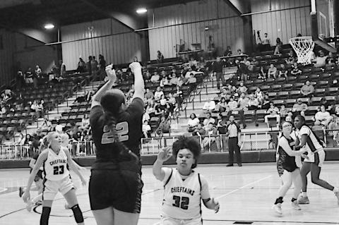 Wewoka Lady Tiger Kali Abel takes s shot from three-point range Friday. Staff Photo by Bill Anderson