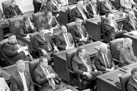 Members of the Oklahoma Legislature listen to the governor’s State of the State Address in the House chamber of the state Capitol on Feb. 3, 2025. (Photo by Kyle Phillips/For Oklahoma Voice)